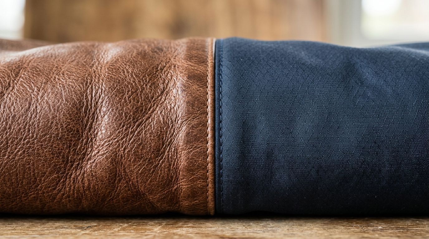 A close-up view showing the textured brown leather and blue fabric seam of a retro motorcycle jacket.