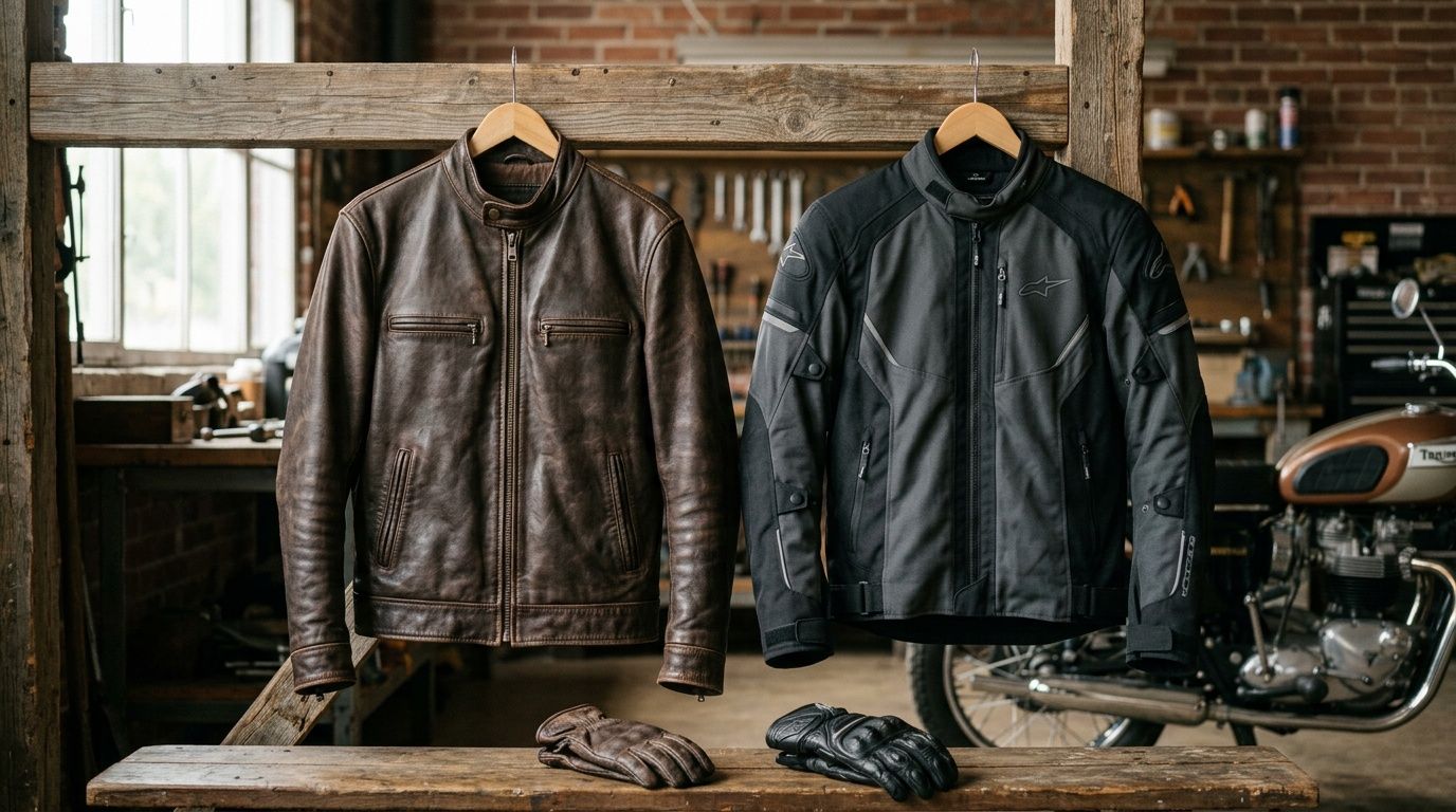Two motorcycle jackets, one brown leather and one black textile, hanging in a rustic workshop setting.