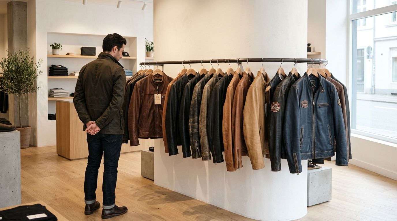 A man browsing a selection of retro-style motorcycle jackets on a clothing rack in a modern shop.