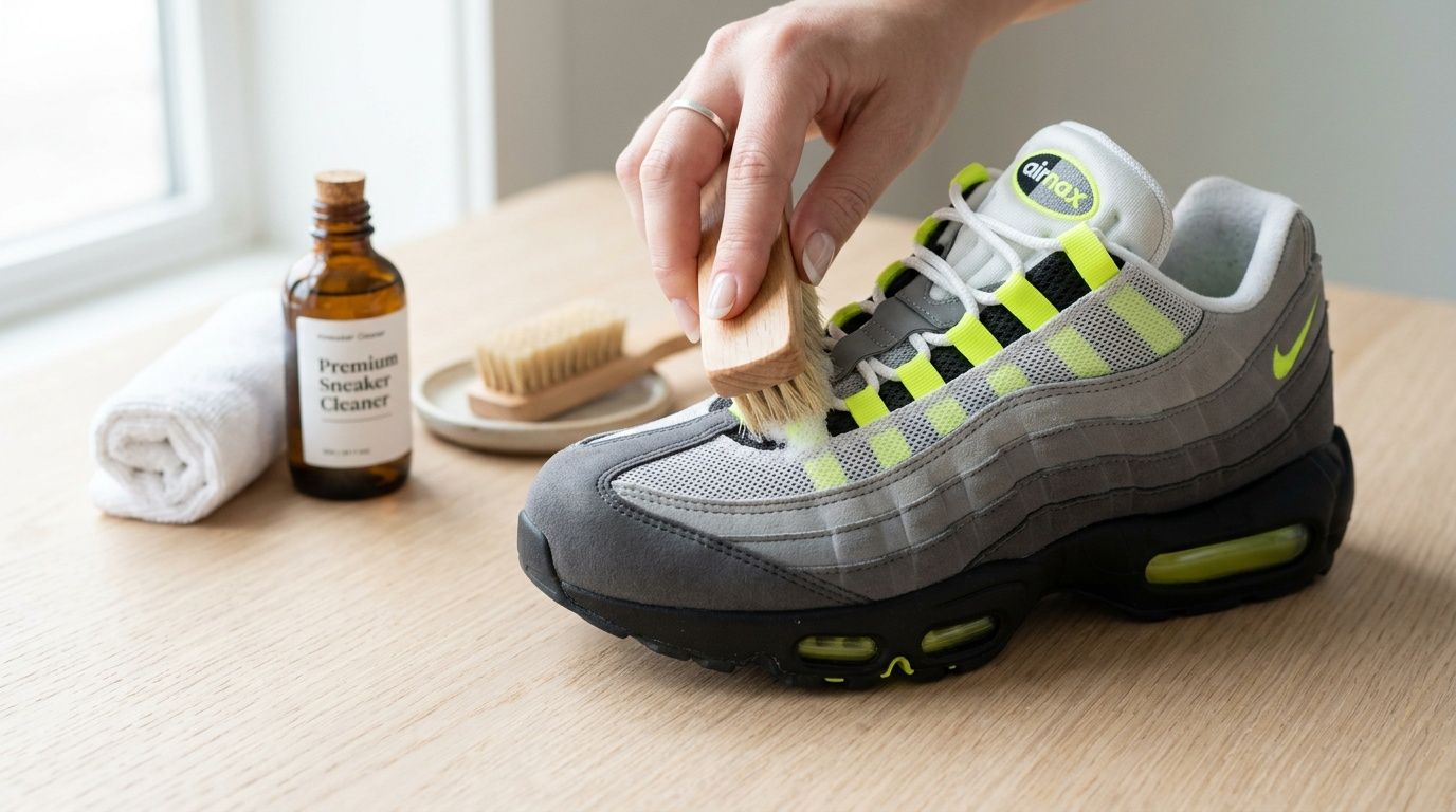 A person cleaning a grey and neon Air Max 95 sneaker with a wooden brush and cleaner.
