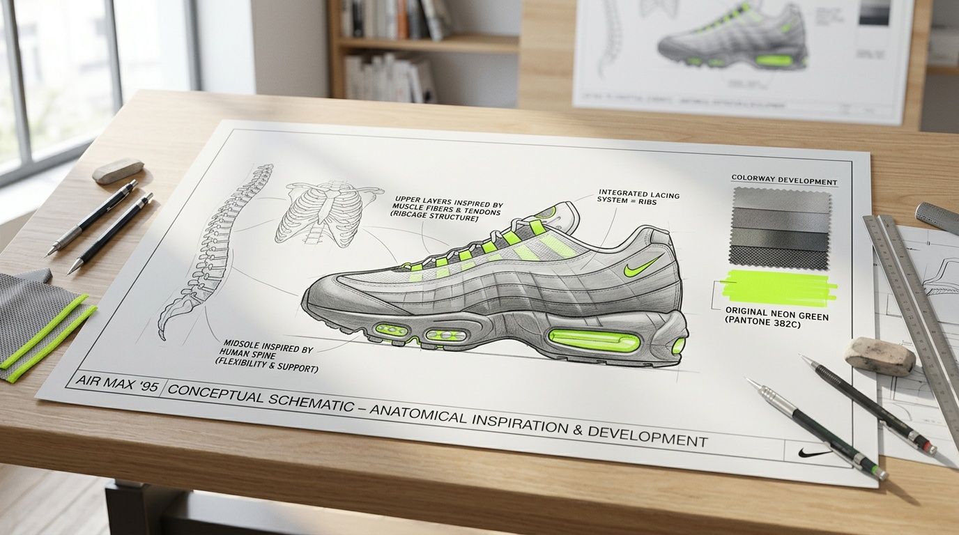 A conceptual schematic drawing of the Nike Air Max 95 sneaker inspired by human anatomical structures.