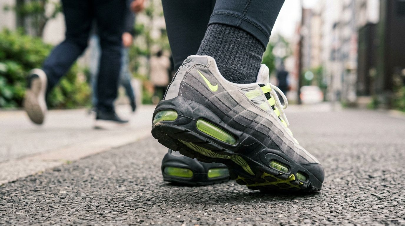 A close-up shot of a person wearing Nike Air Max 95 neon sneakers walking on the street.
