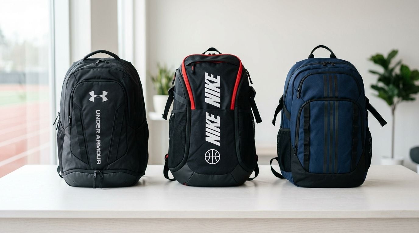 Three athletic backpacks from Under Armour, Nike, and Adidas standing side-by-side on a white table.