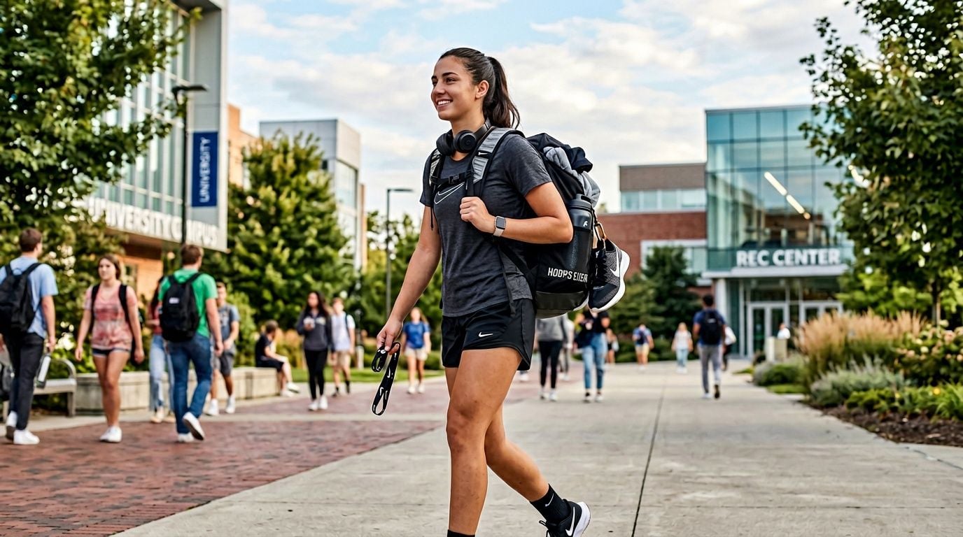 A female student walks across a college campus carrying a black Nike Hoops Elite Pro backpack.
