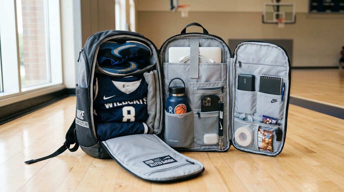 A Nike Hoops Elite Pro backpack open on a basketball court, organized with sports gear and accessories.