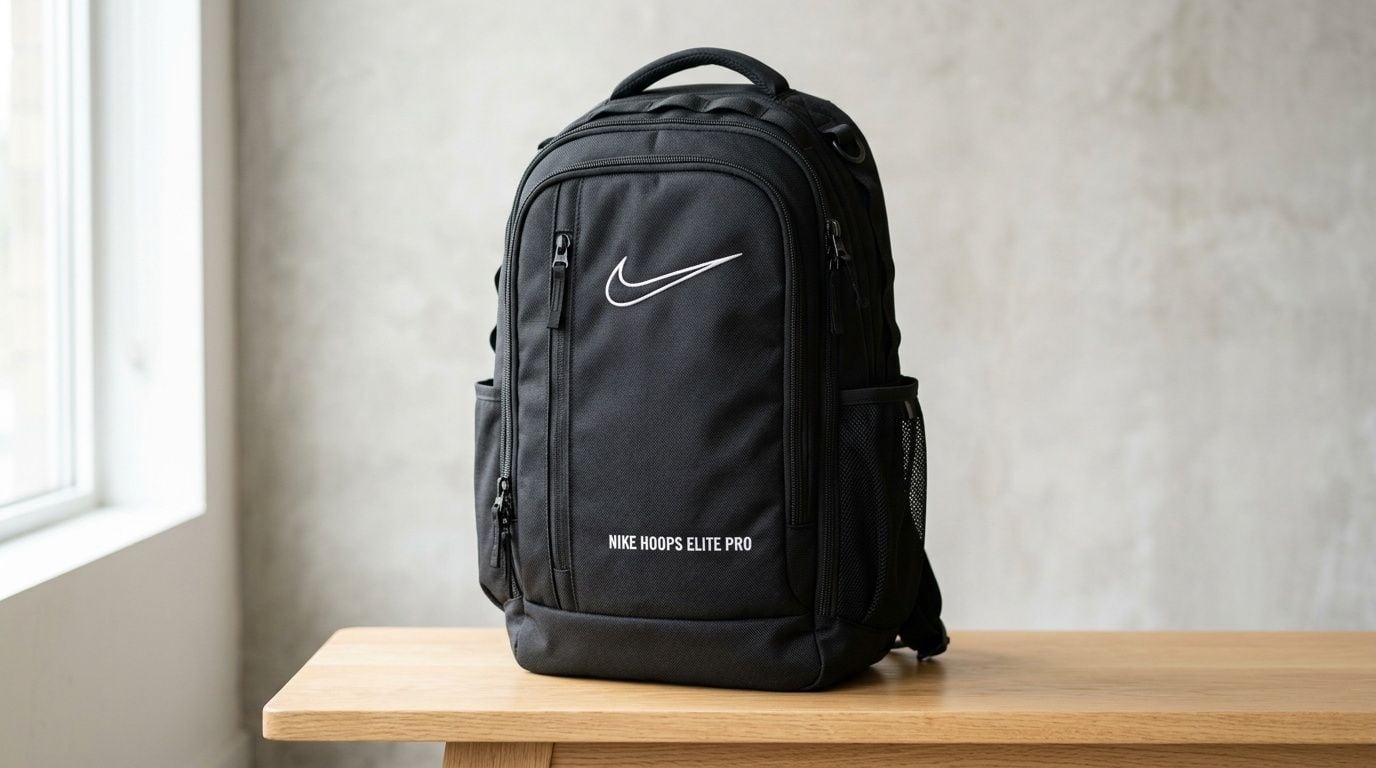 A black Nike Hoops Elite Pro backpack sitting on a wooden table against a neutral background.