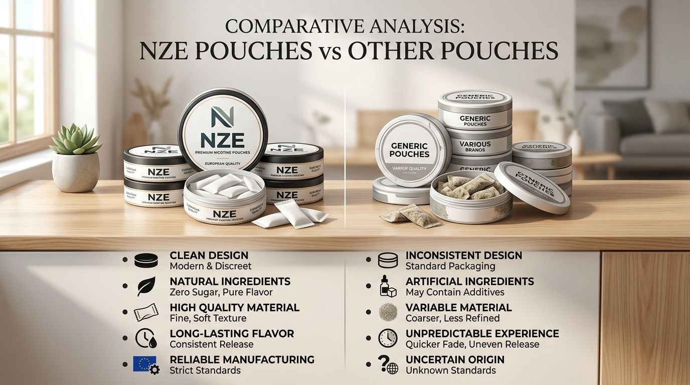 A comparative analysis infographic showing NZE premium nicotine pouches versus generic brand pouches on a wooden table.