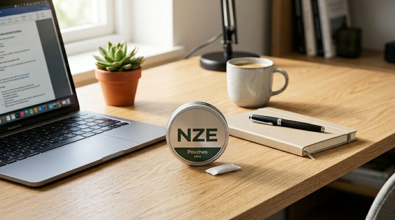 A tin of NZE mint nicotine pouches sitting on a wooden desk next to a laptop.