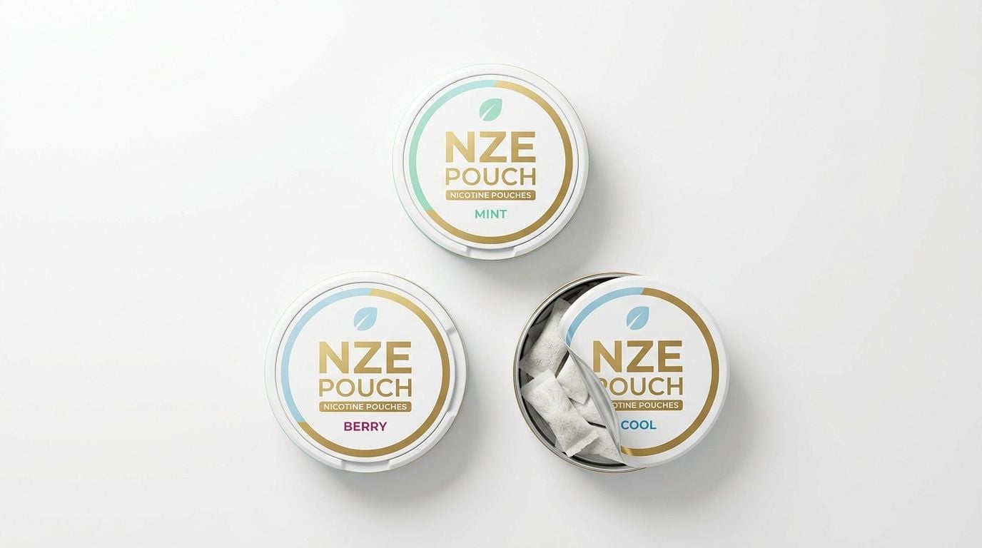 Three containers of NZE nicotine pouches in Mint, Berry, and Cool flavors arranged on white background.