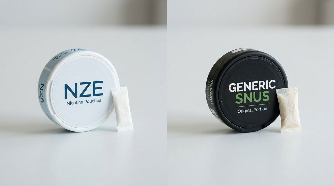 A side-by-side comparison of NZE nicotine pouches and Generic Snus containers on a white surface.