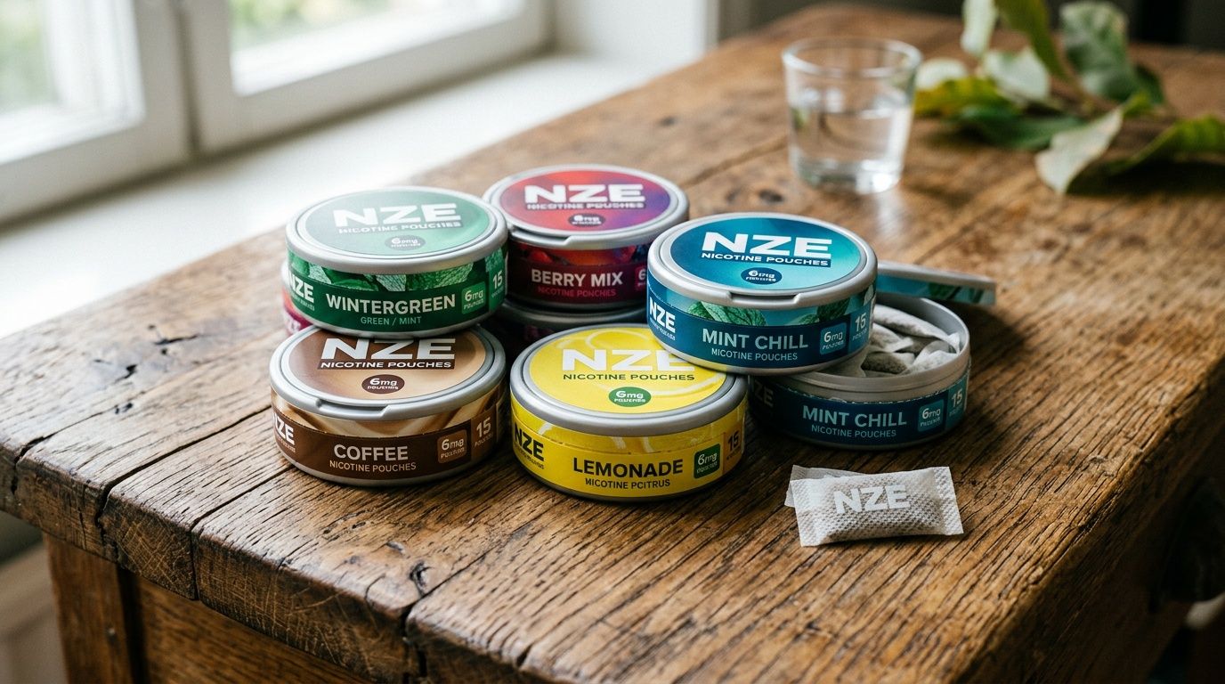 A collection of NZE nicotine pouches in various flavors displayed on a wooden table with a glass.