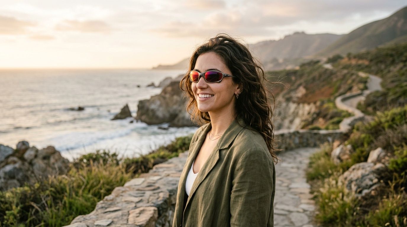 A woman smiling while wearing Oakley Juliet sunglasses, standing on a scenic coastal path near the ocean.
