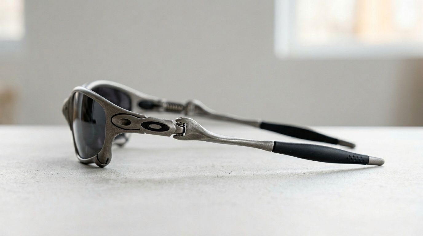 A close-up side view of vintage Oakley Juliet sunglasses featuring a unique metallic frame and black temple tips.