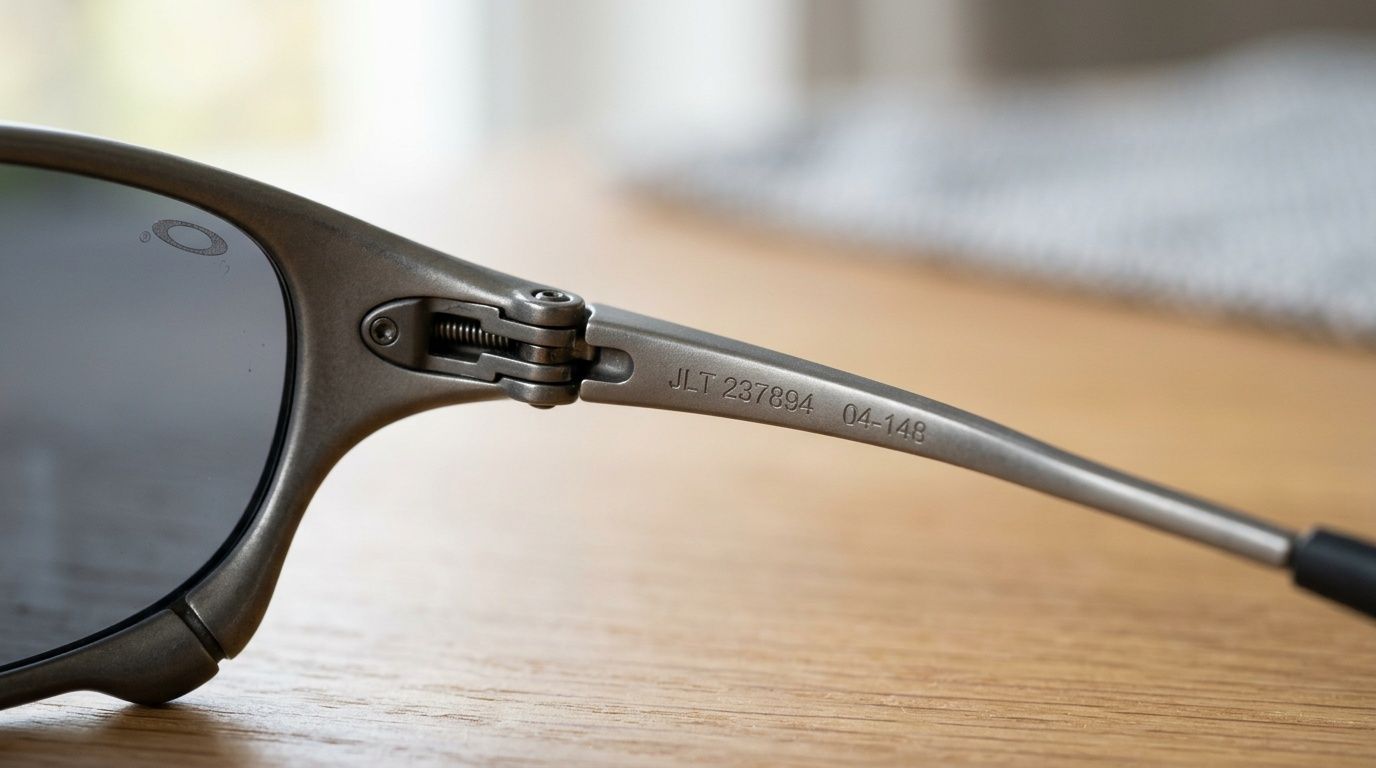 A close-up view of the side temple of Oakley Juliet sunglasses with serial numbers engraved on the metallic frame.