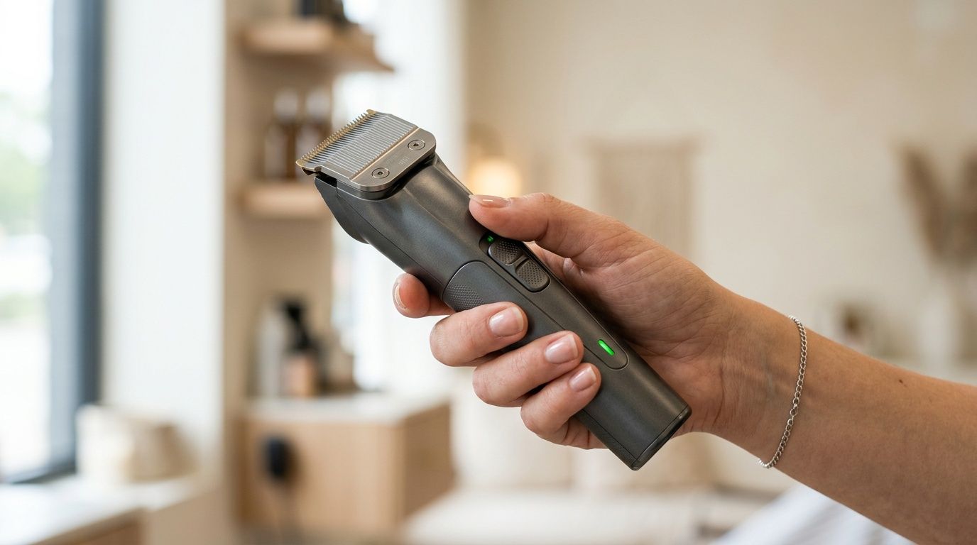 Close-up of a hand holding a dark grey professional cordless hair clipper with green indicator lights.