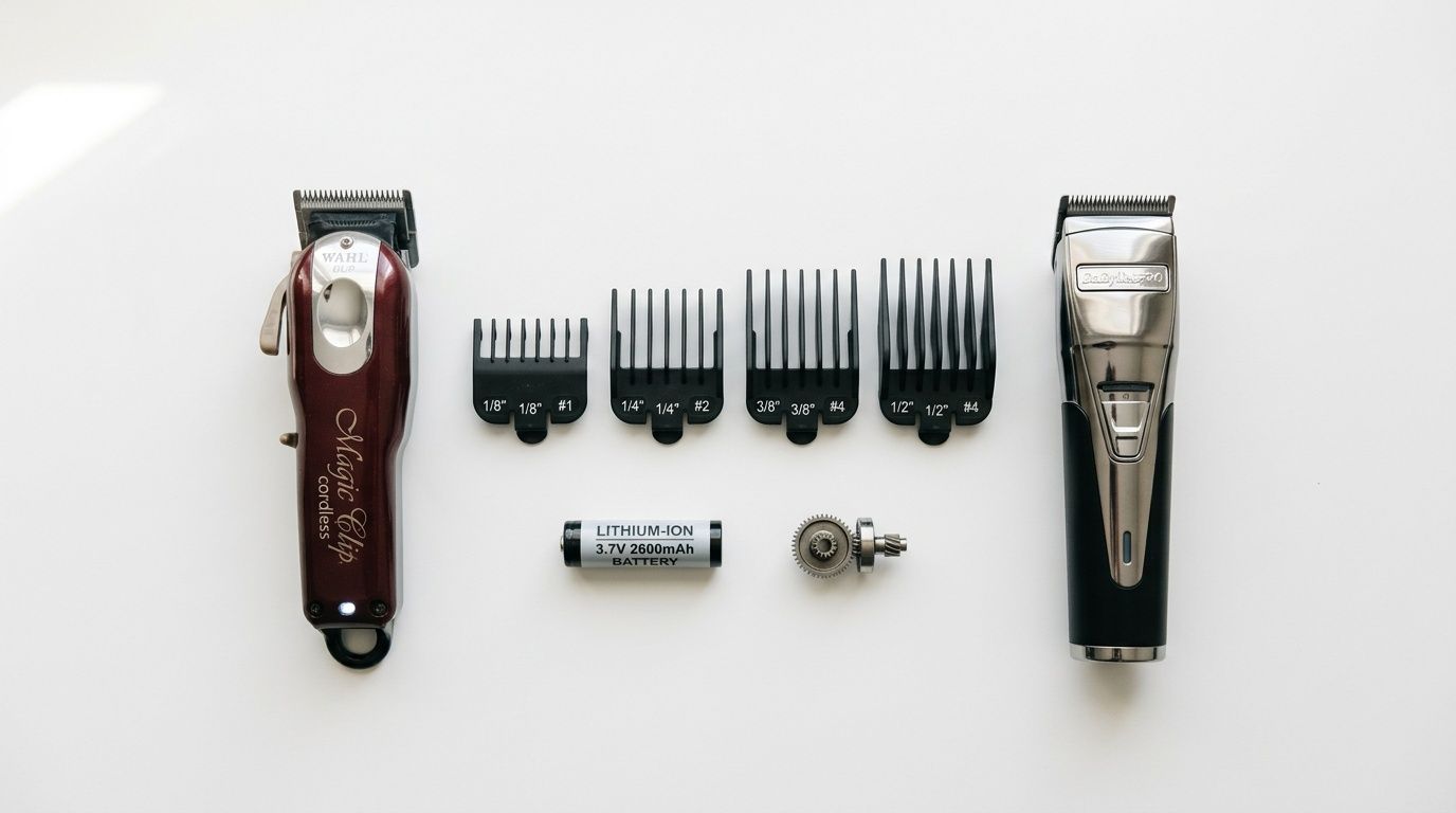 Two professional cordless hair clippers with guards, battery, and gear on a white background.