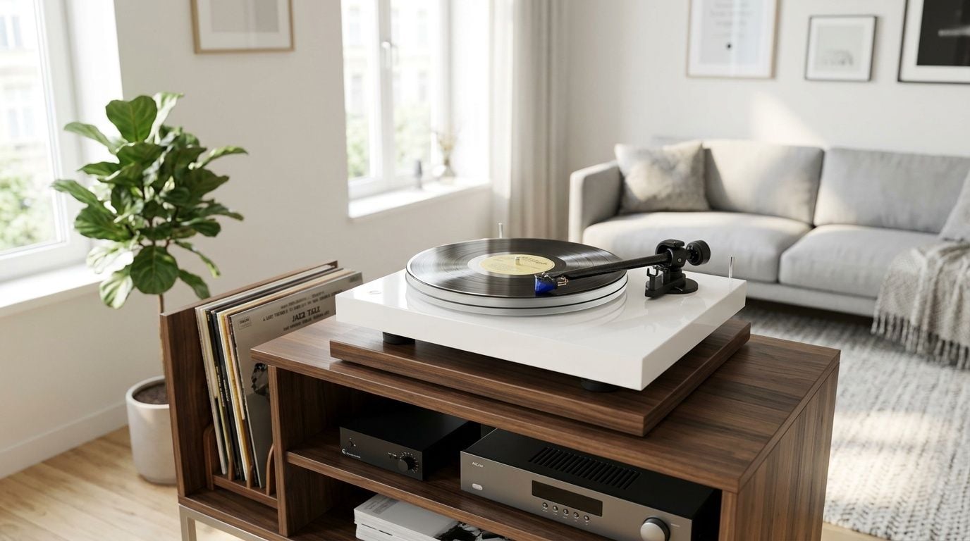 A minimalist white record player on a wooden shelf in a bright, modern living room.