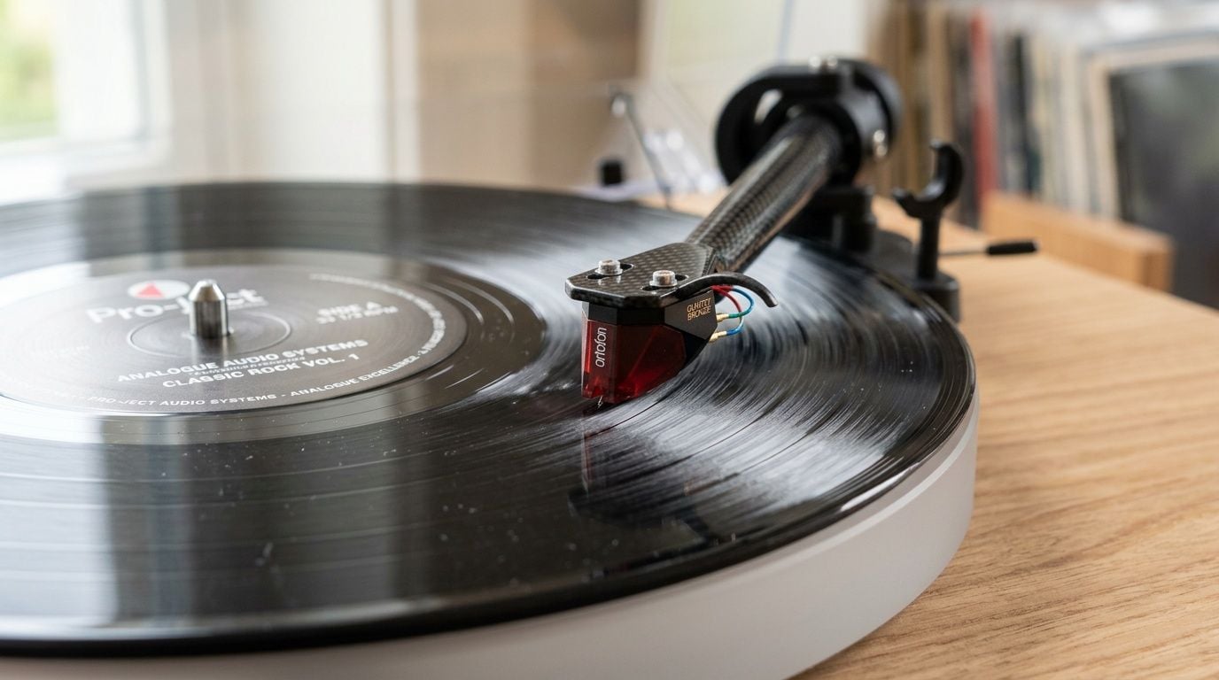 A close-up view of a high-end Pro-Ject turntable playing a vinyl record with a carbon fiber tonearm.