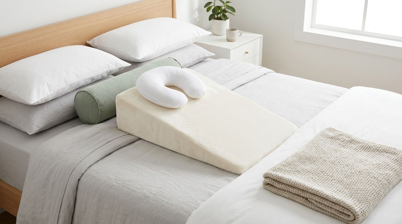 A beige foam bed wedge pillow with a small U-shaped white neck pillow on top on a bed.