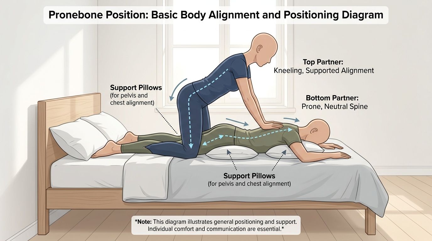 An educational illustration showing a couple in the pronebone position with pillows for proper body alignment.