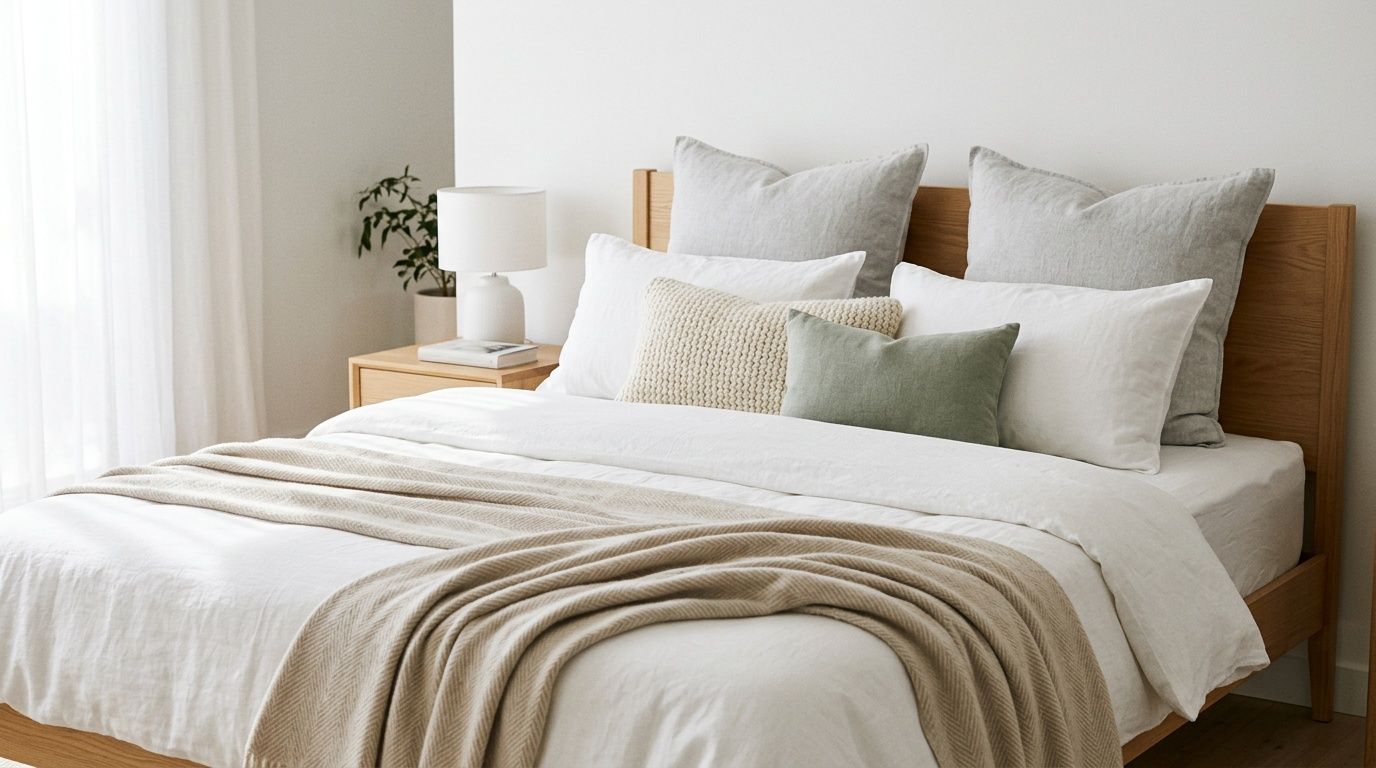 A minimalist bedroom featuring a comfortable wooden bed frame, crisp white linens, and soft decorative accent pillows.