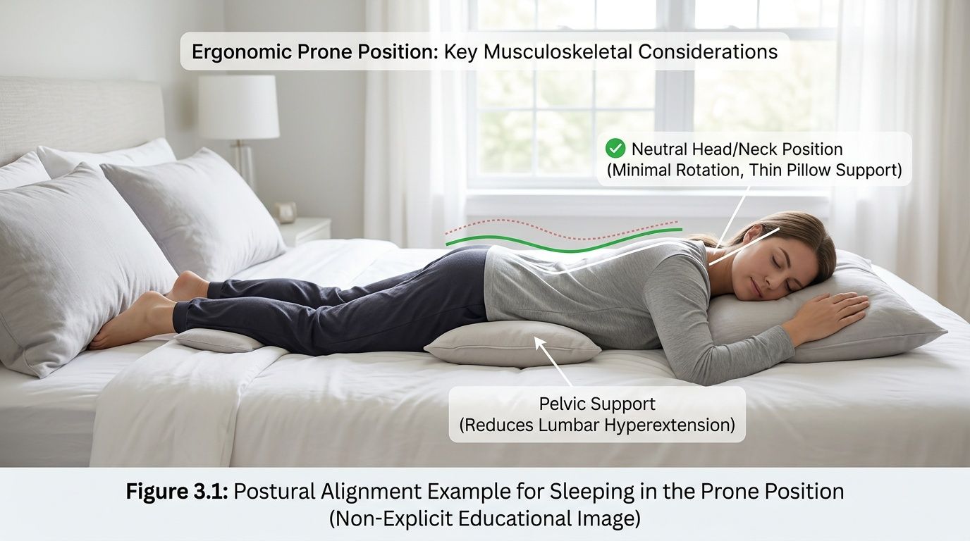 A woman demonstrating the ergonomic prone position for sleeping with pelvic and head support for proper alignment.