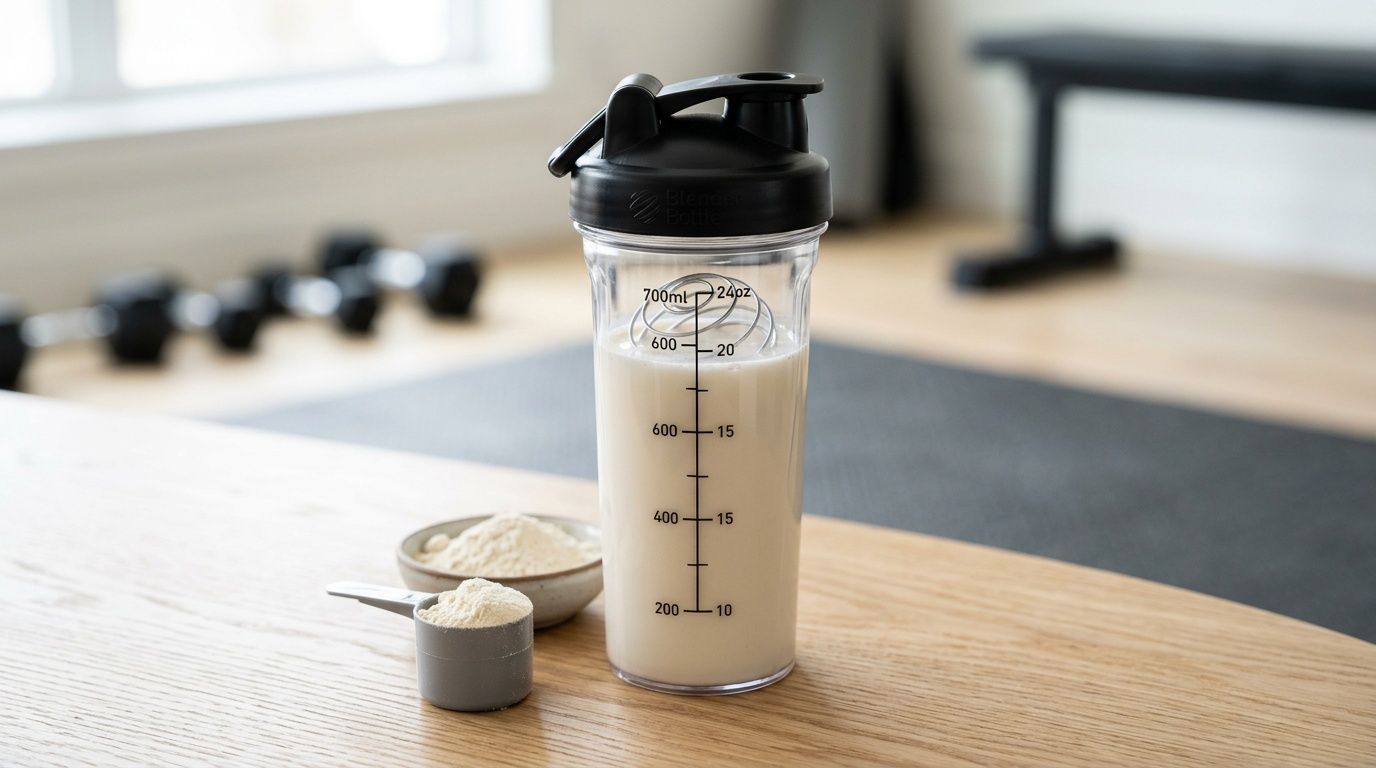 Clear protein shaker bottle with a light shake, protein powder, and fitness equipment.