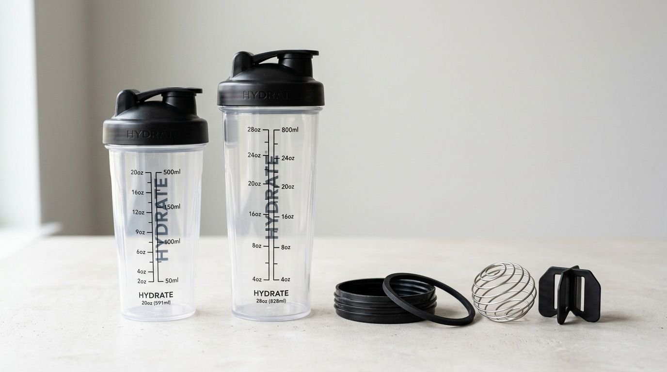 Two clear HYDRATE protein shaker bottles with black lids and various mixing accessories.