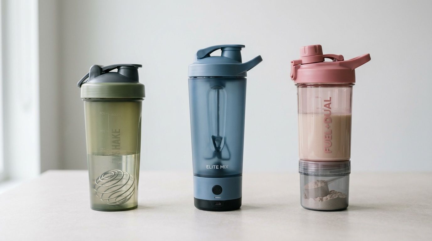 Three modern protein shaker bottles in green, blue, and pink, each with unique features.