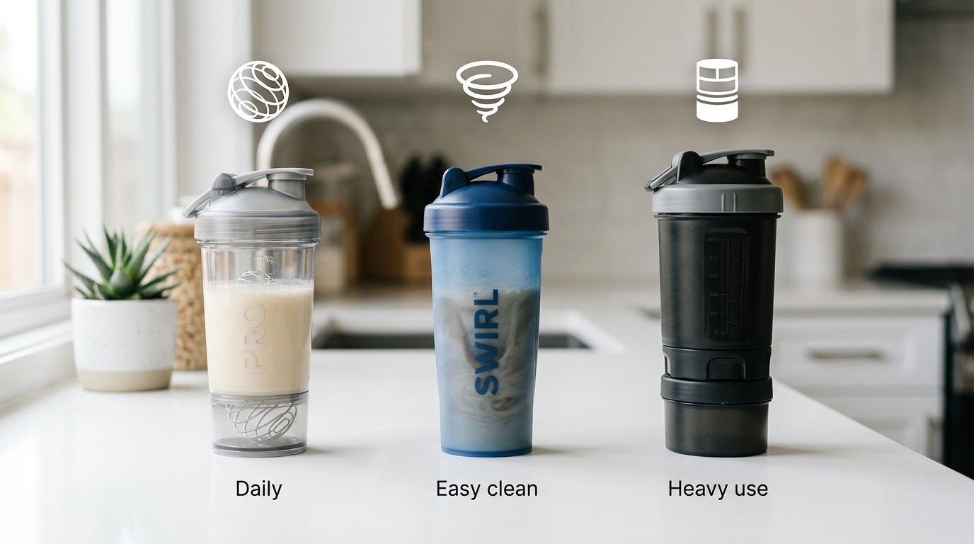 Three distinct protein shaker bottles for daily, easy clean, and heavy use on a kitchen counter.
