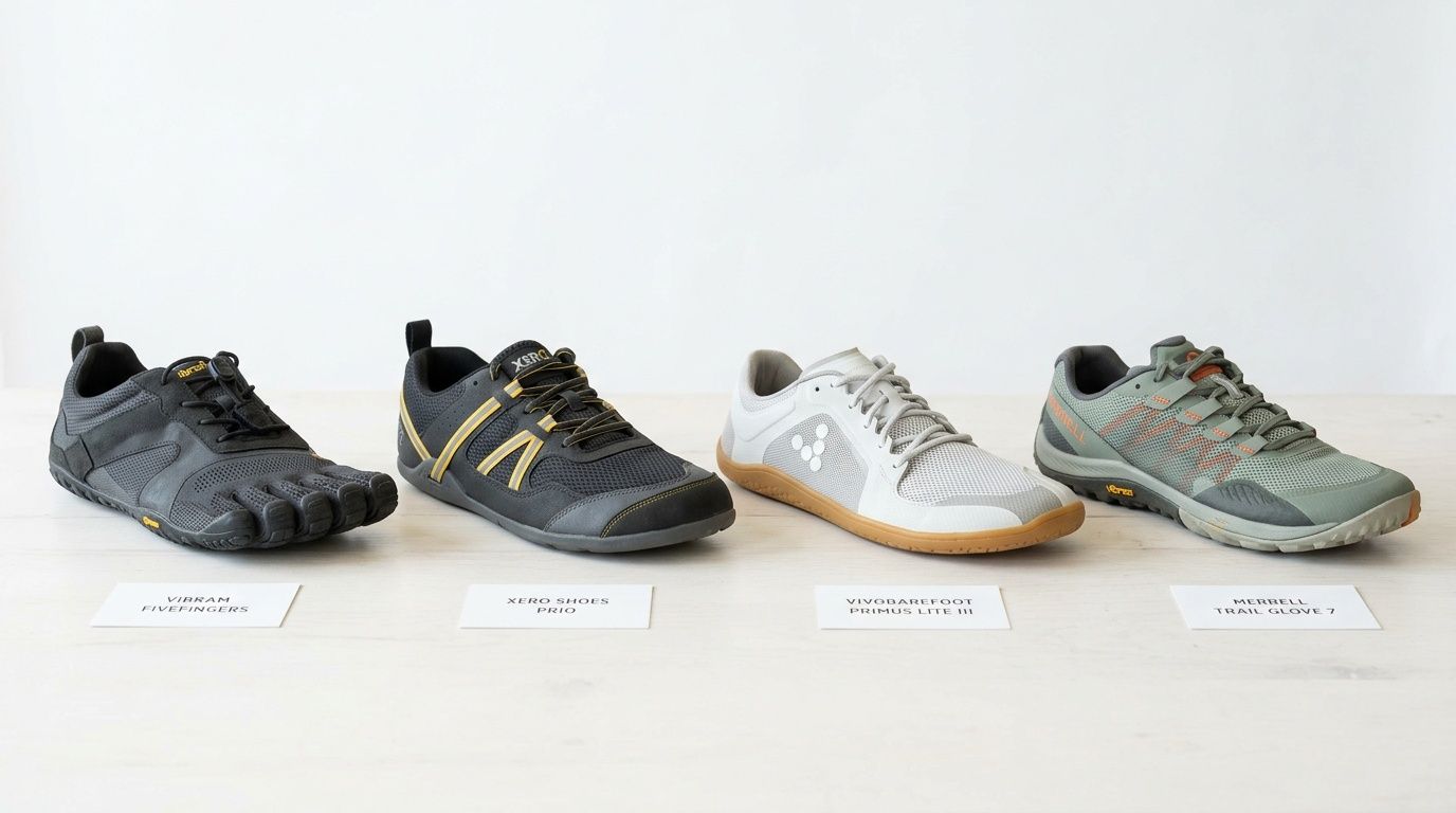 Four pairs of minimalist running shoes, including Vibram, Xero, Vivobarefoot, and Merrell.