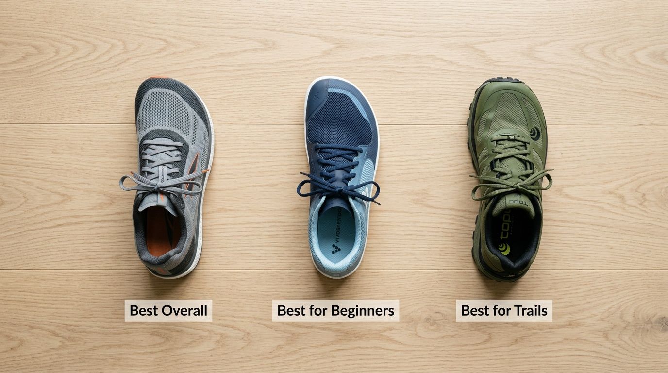 Three running shoes in gray, blue, and olive green on a wooden floor, categorized for different uses.