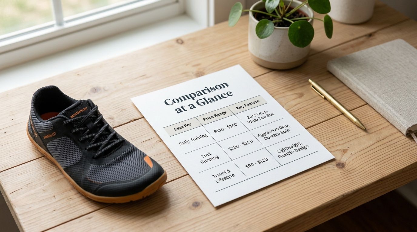 A minimalist black running shoe next to a comparison table for daily training, trail running, and travel shoes.