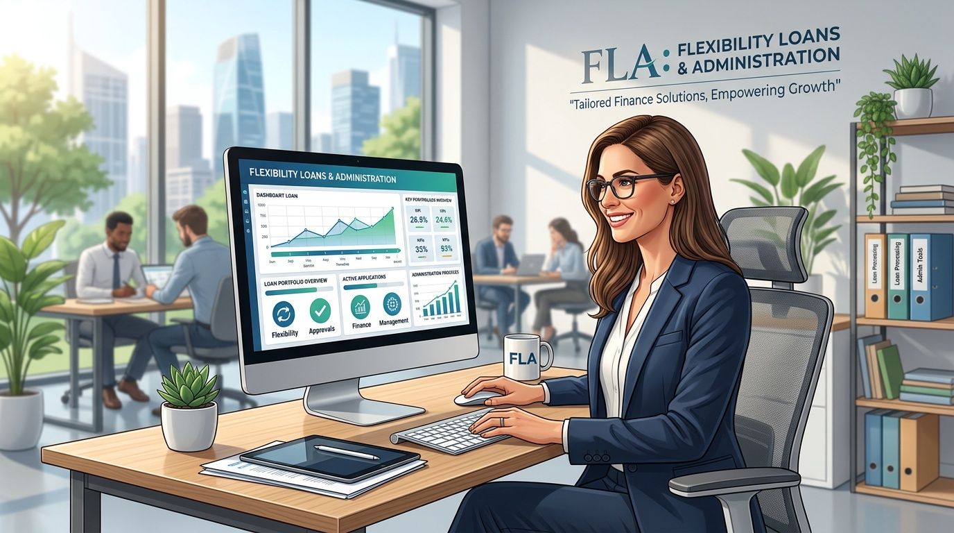 A professional businesswoman working on a computer in a bright, modern office with finance charts on the screen.