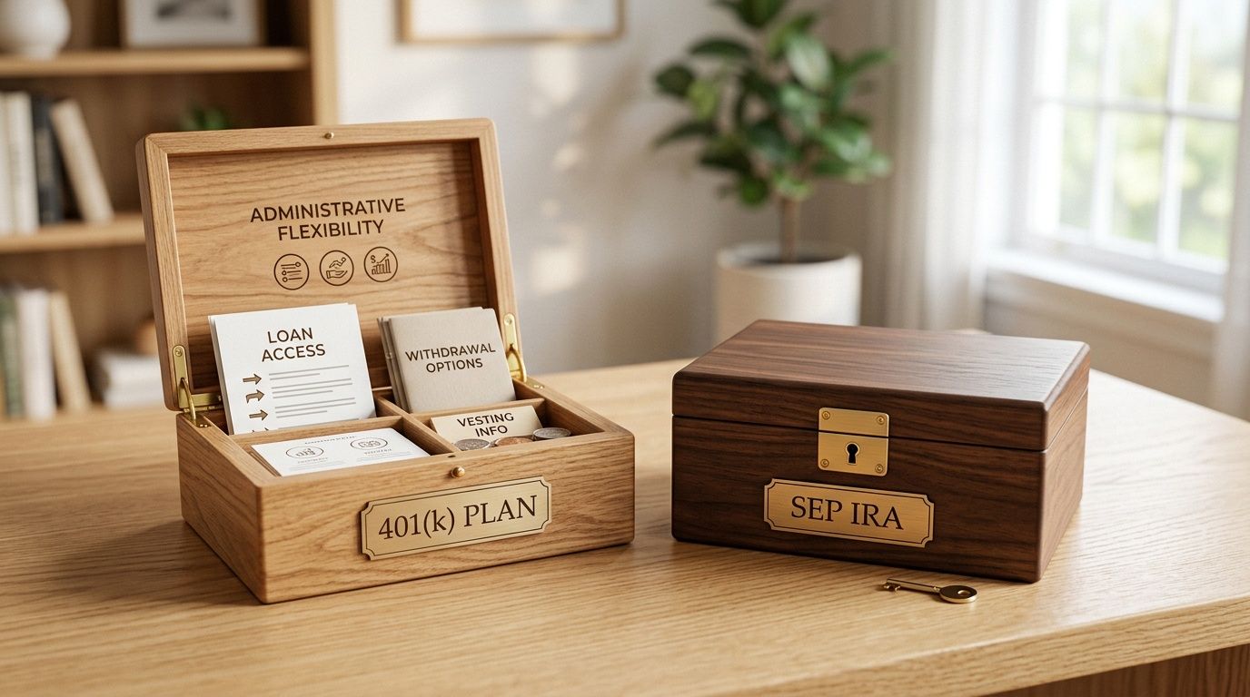 A wooden box labeled 401k plan open with financial documents next to a locked SEP IRA box.