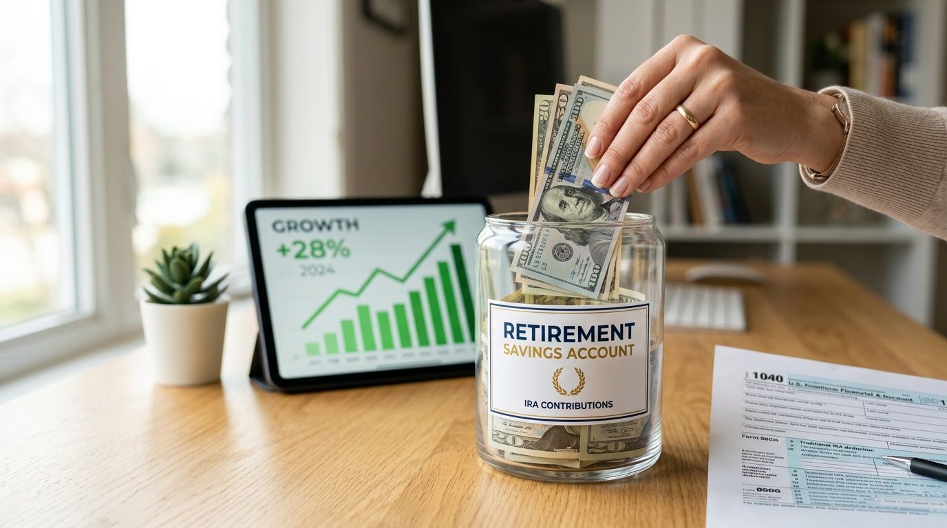 A person placing US dollar bills into a clear glass jar labeled Retirement Savings Account IRA Contributions.