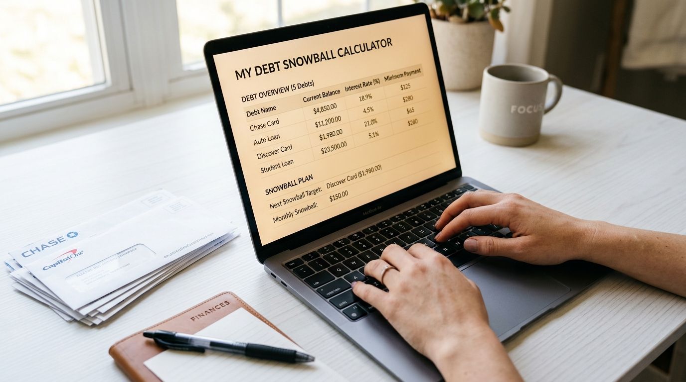 A person using a laptop to view a debt snowball calculator spreadsheet for personal financial planning.