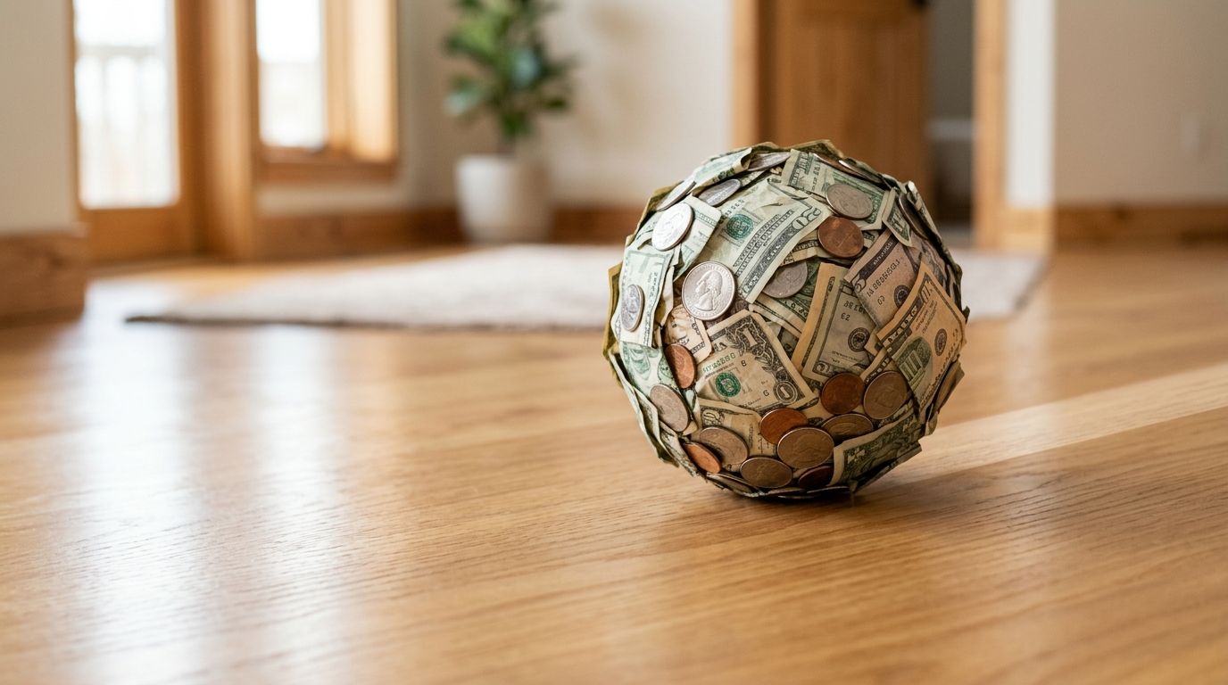 A round ball constructed from folded paper currency and coins resting on a wooden floor.