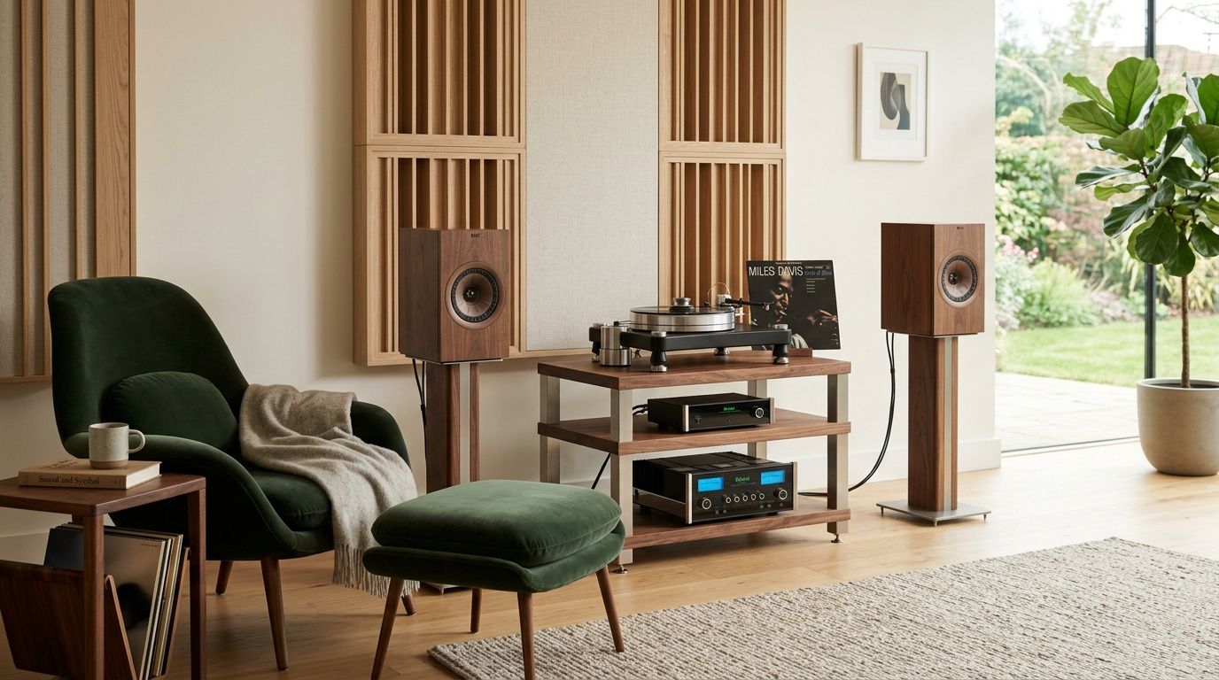 A cozy living room features a high-fidelity record player setup with wooden speakers and a comfortable armchair.