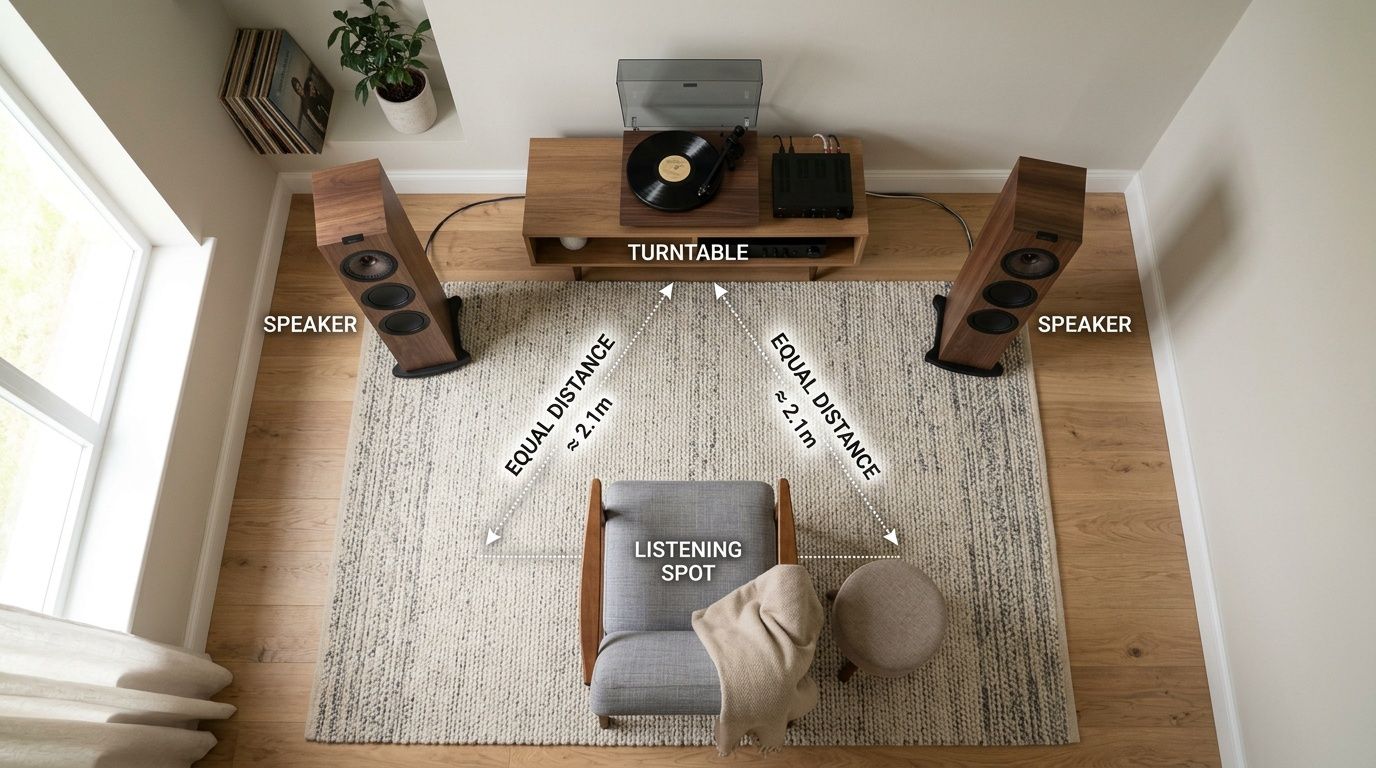 Overhead view of a stereo setup with speakers, turntable, and armchair, showing equal distance for optimal listening.