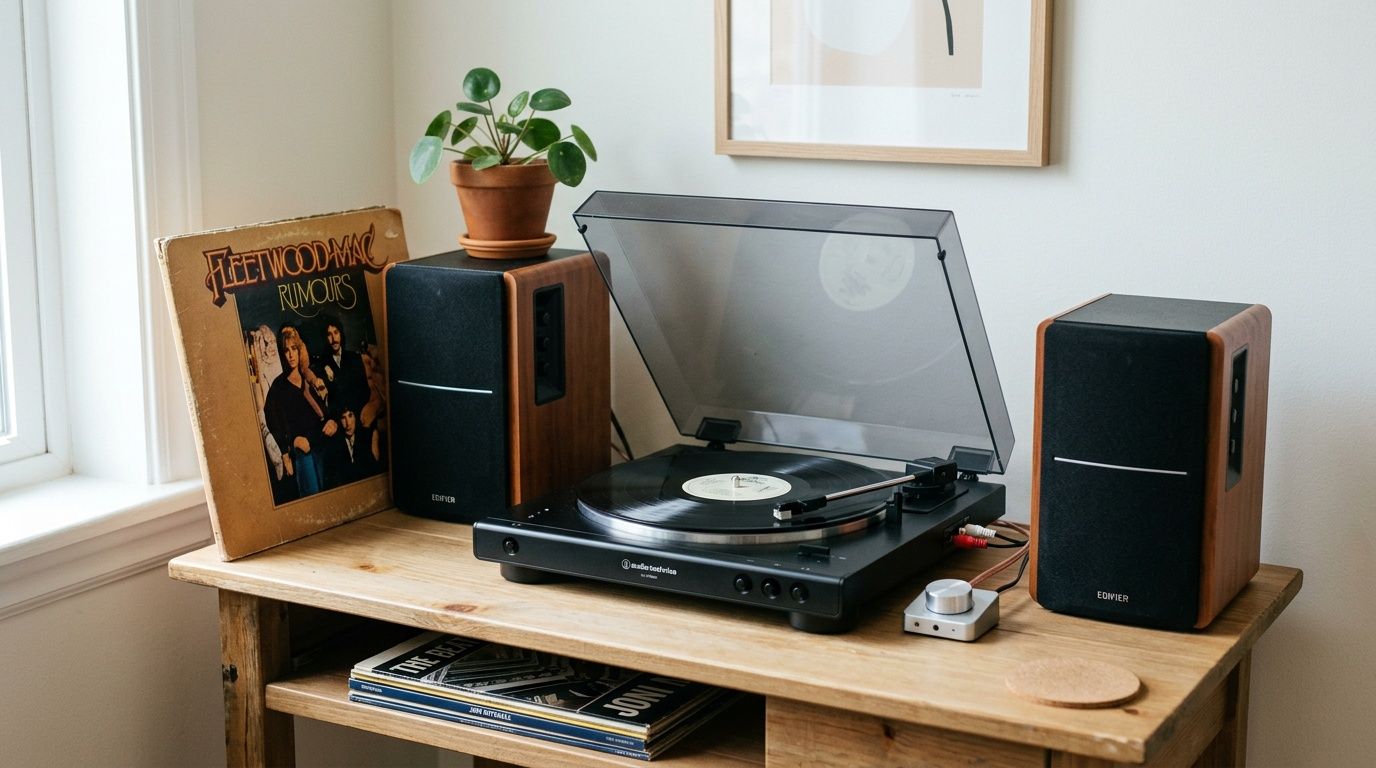 A vintage record player setup with two wooden-cased speakers, a Fleetwood Mac album, and a plant.