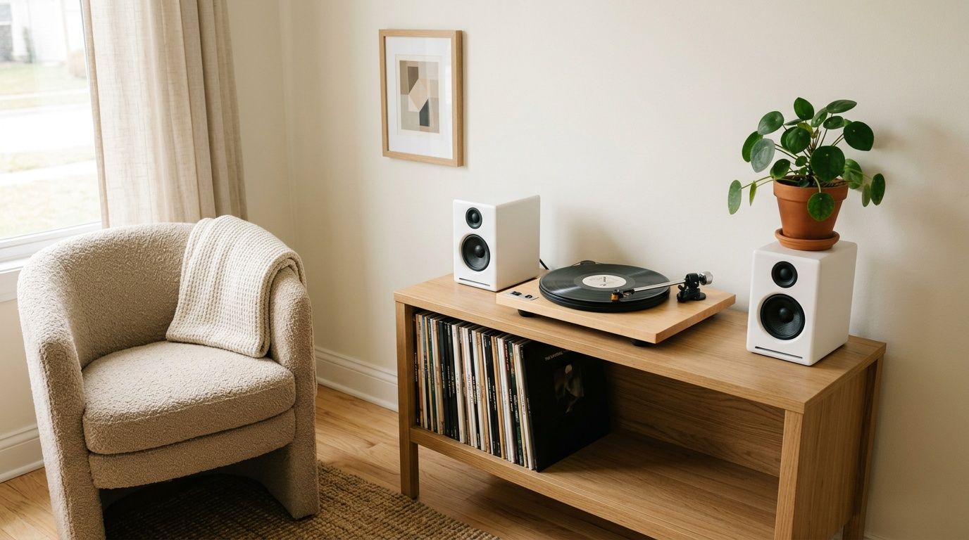 A cozy living room corner featuring a record player, white speakers, a plant, and a beige armchair.