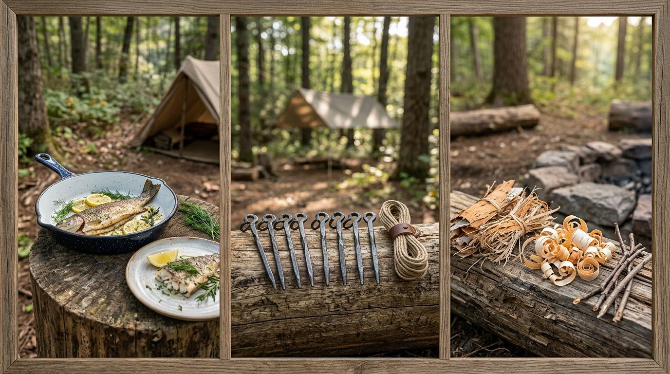 A triptych of a camping scene with cooked fish, camp stakes, and fire-starting materials.