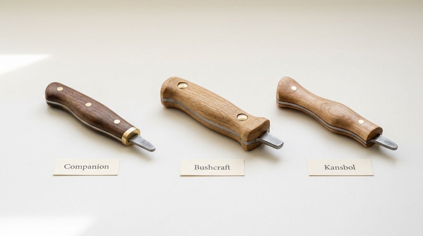 Three wooden handles of Swedish Mora knives, labeled Companion, Bushcraft, and Kansbol, on a white surface.