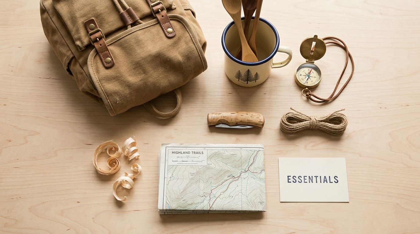 A flat lay of outdoor essentials: backpack, map, compass, knife, rope, and mug on a wooden table.