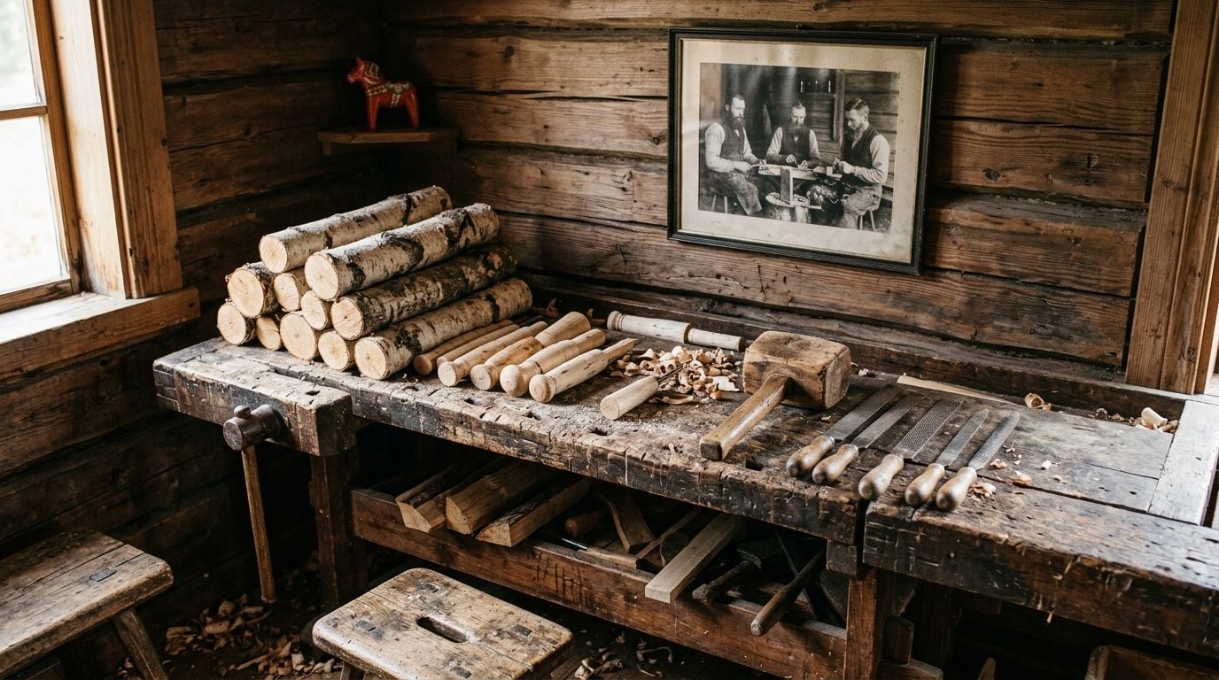 Traditional woodworking setup with stacked logs, chisels, files, and a wooden mallet on a rustic bench.