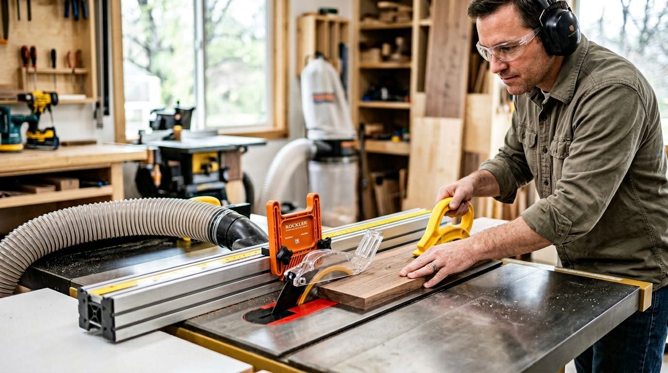 A woodworker wearing safety gear uses a table saw with a rip fence to cut wood.