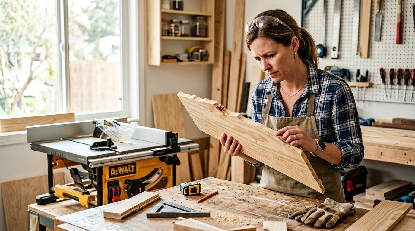 A female woodworker examines a piece of wood in her workshop while working near a table saw.