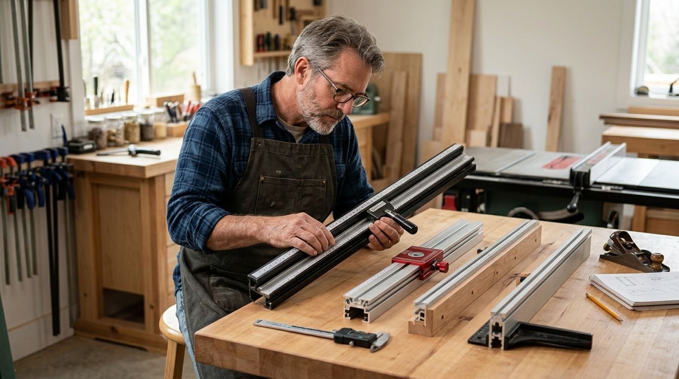 A professional woodworker in his workshop adjusting a high-precision table saw fence system on a workbench.