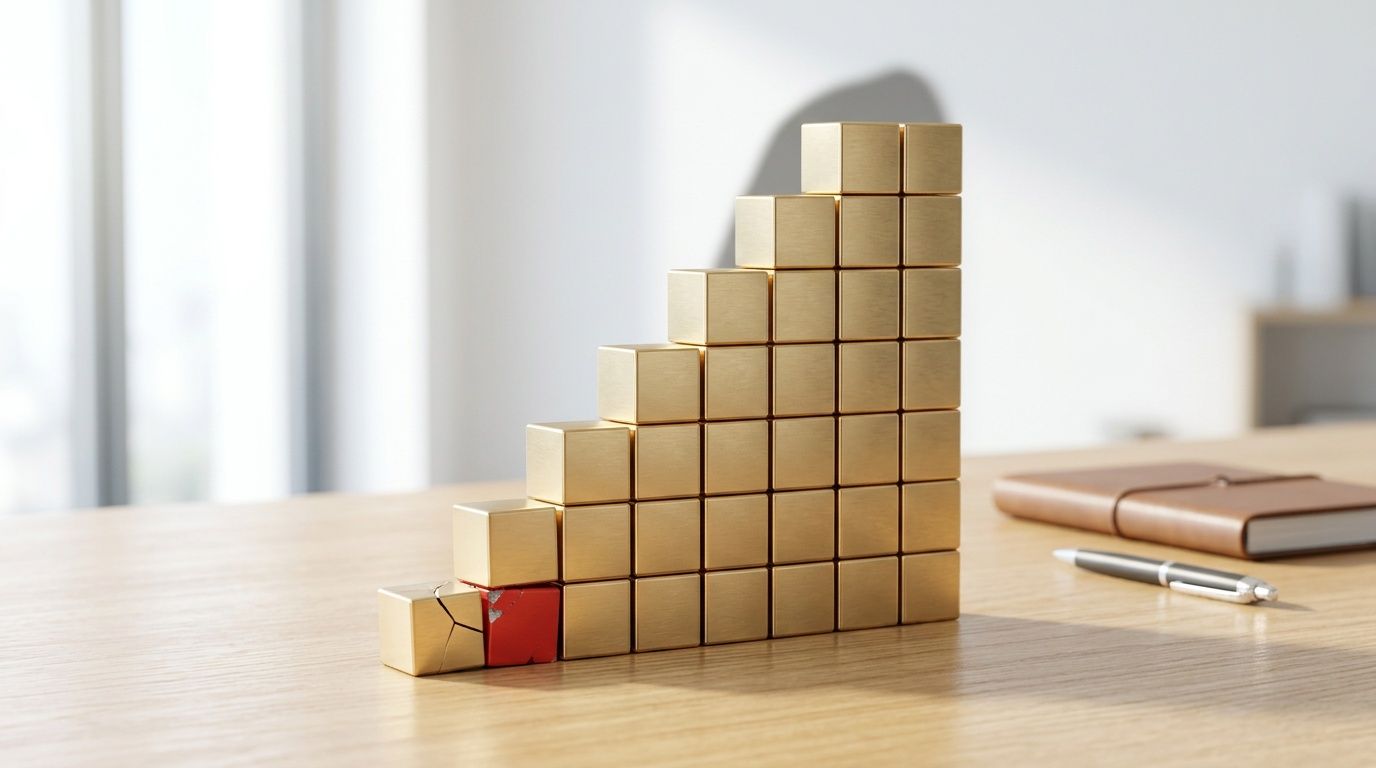 A pyramid of golden cubes on a wooden desk with a broken piece and a red block